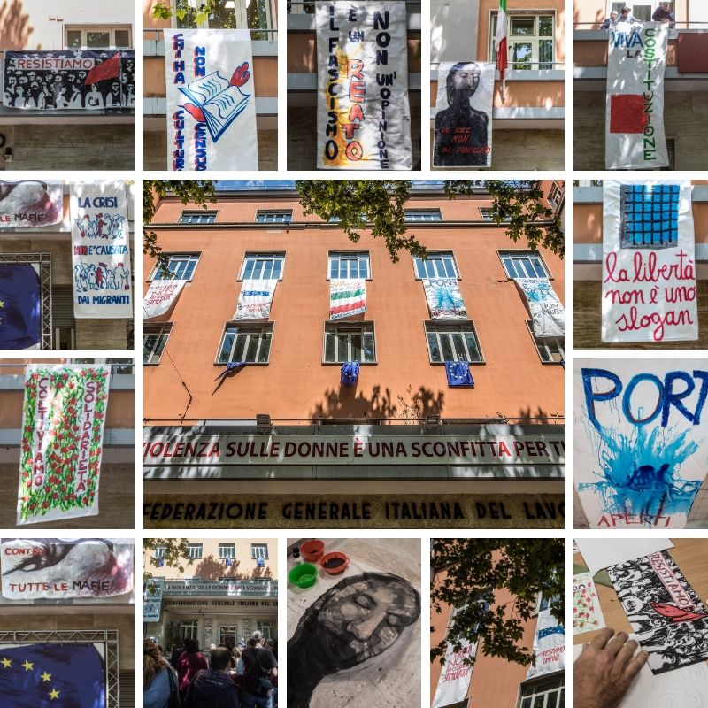 Striscioni su integrazione e democrazia esposti nella sede del sindacato